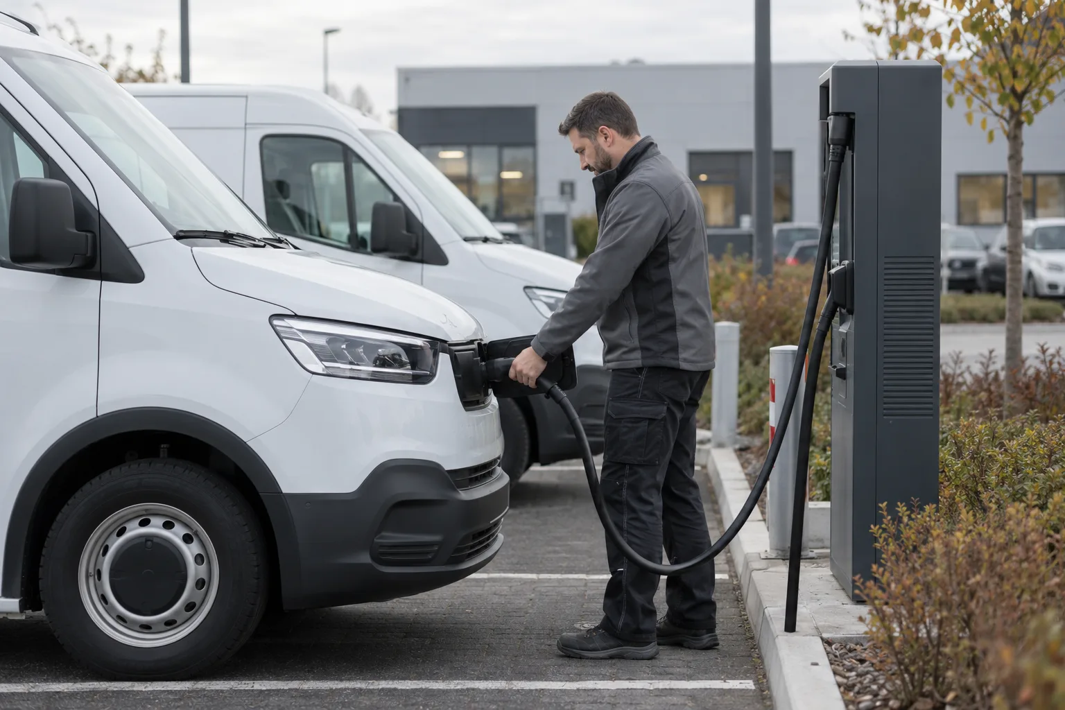 Handwerker steckt das Ladekabel in einen elektrischen Transporter