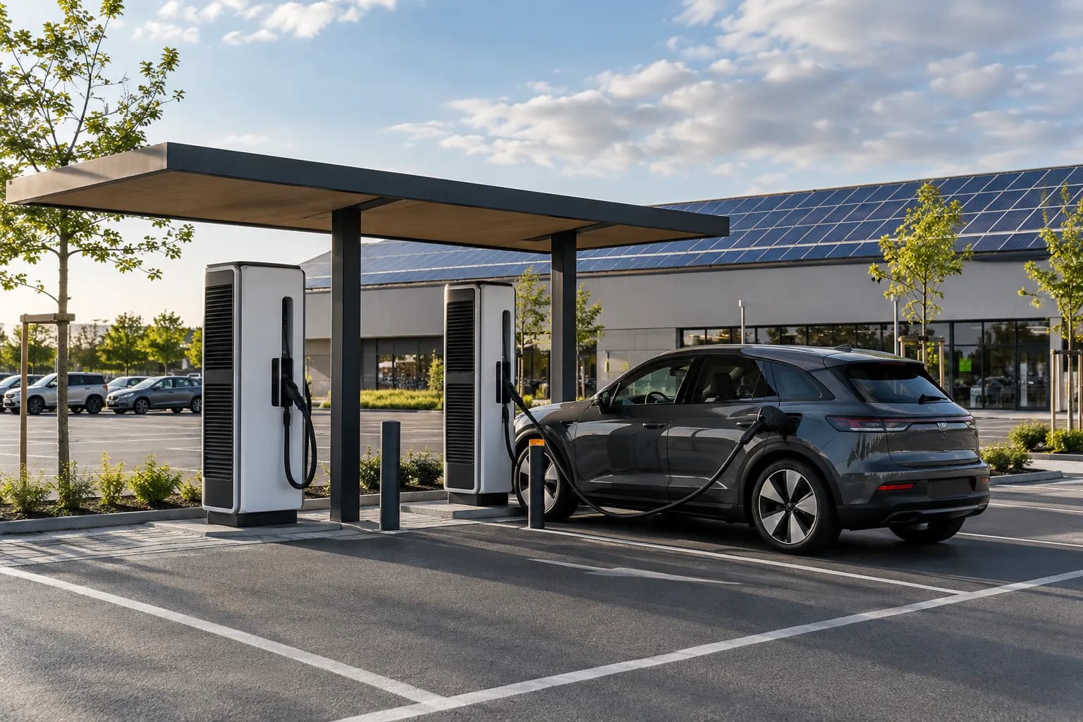 Schnellladepark mit Überdachung vor einem Gewerbegebäude mit Solaranlage, ein Elektroauto lädt