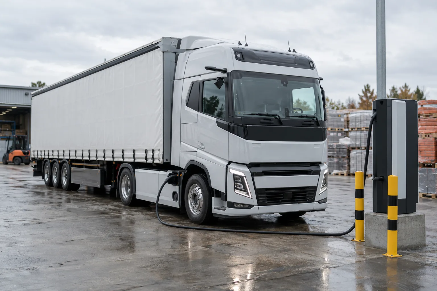 Elektrischer Lkw lädt an einer Hochleistungs-Ladesäule auf einem Betriebshof