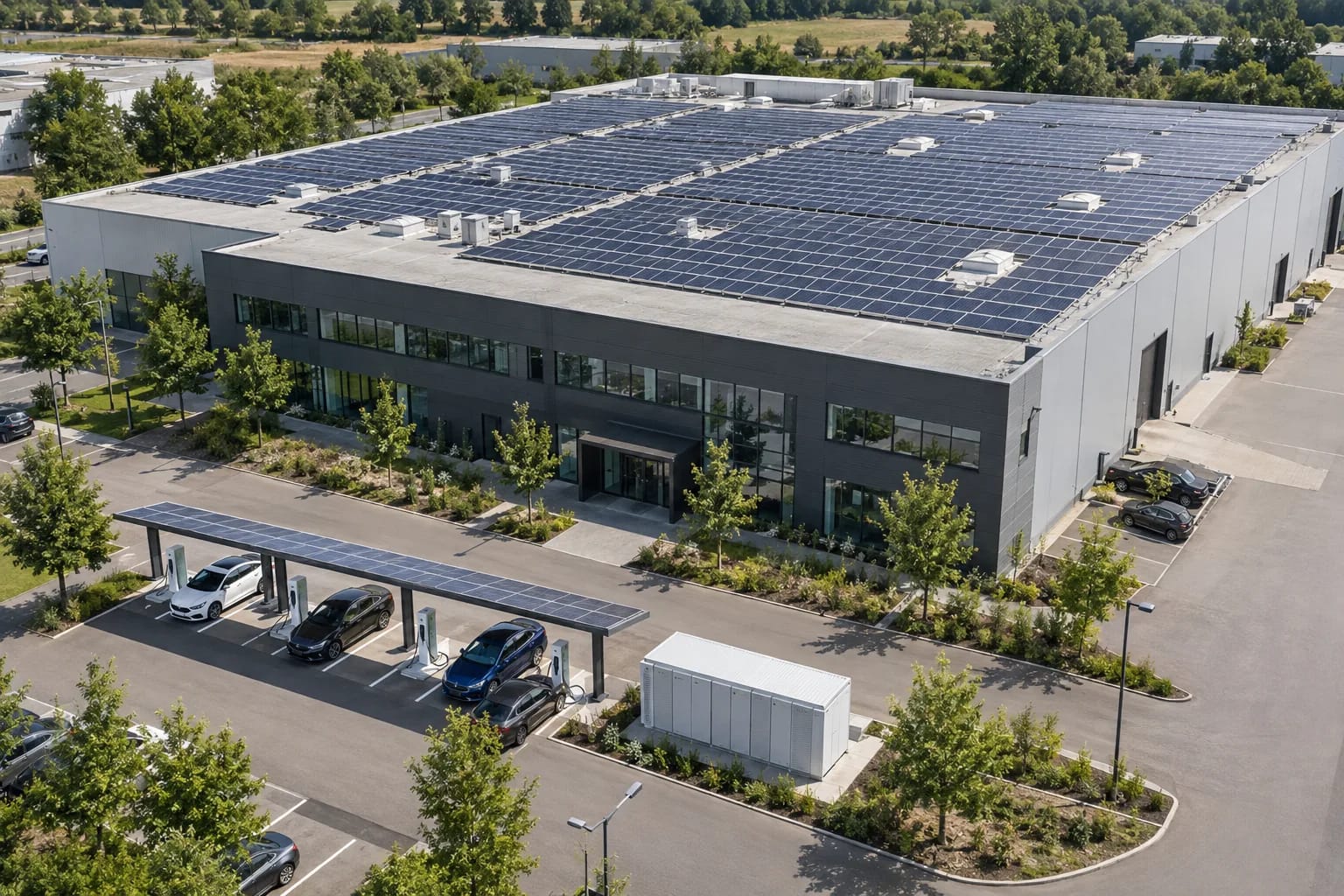 Gewerbegebäude mit Photovoltaik auf dem Dach und Ladepark auf dem Kundenparkplatz, Luftaufnahme