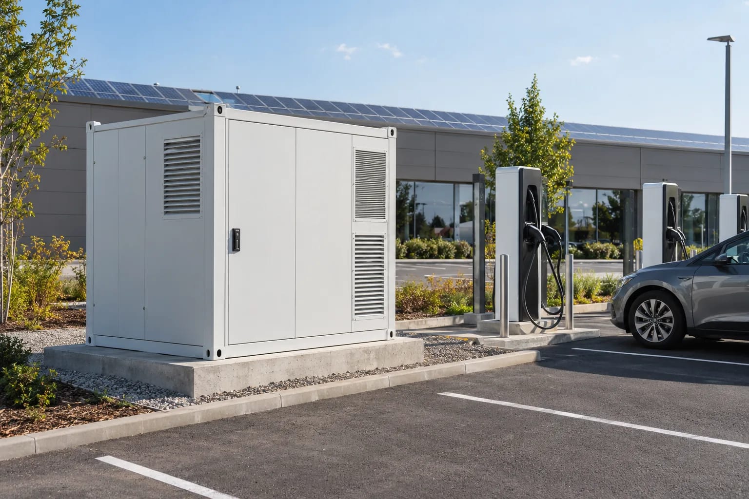 Batteriespeicher-Container neben Schnellladesäulen auf einem Gewerbeparkplatz
